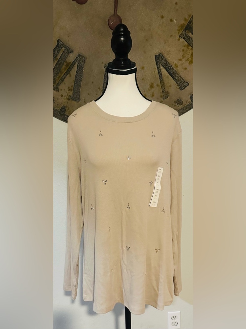 Long Sleeve Embellished Crewneck Top - Tan